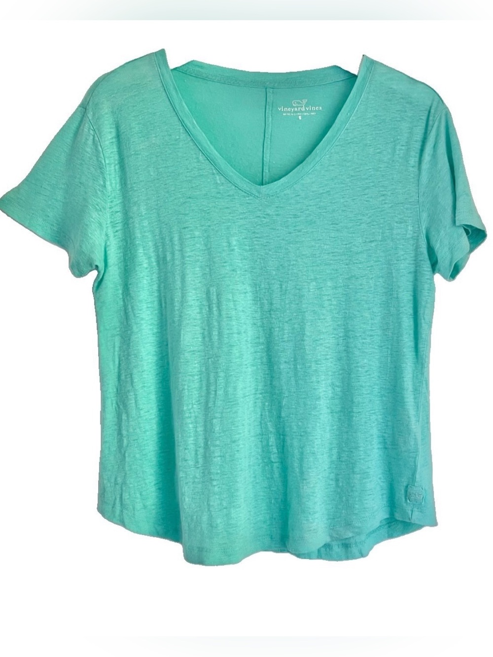 Vineyard Vines 100% Linen Short Sleeve T-Shirt Green Sz S V-neck Relaxed Fit